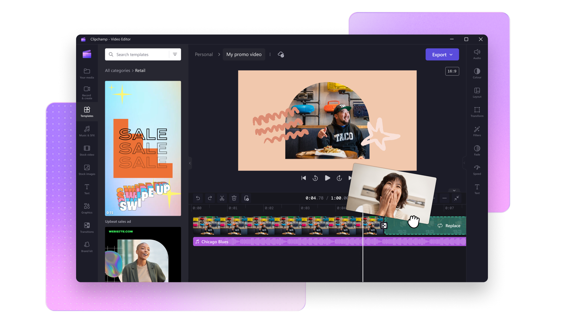 An image of Clipchamp video editor showcasing a template option. There is an image of an excited woman being added to the video editing timeline.