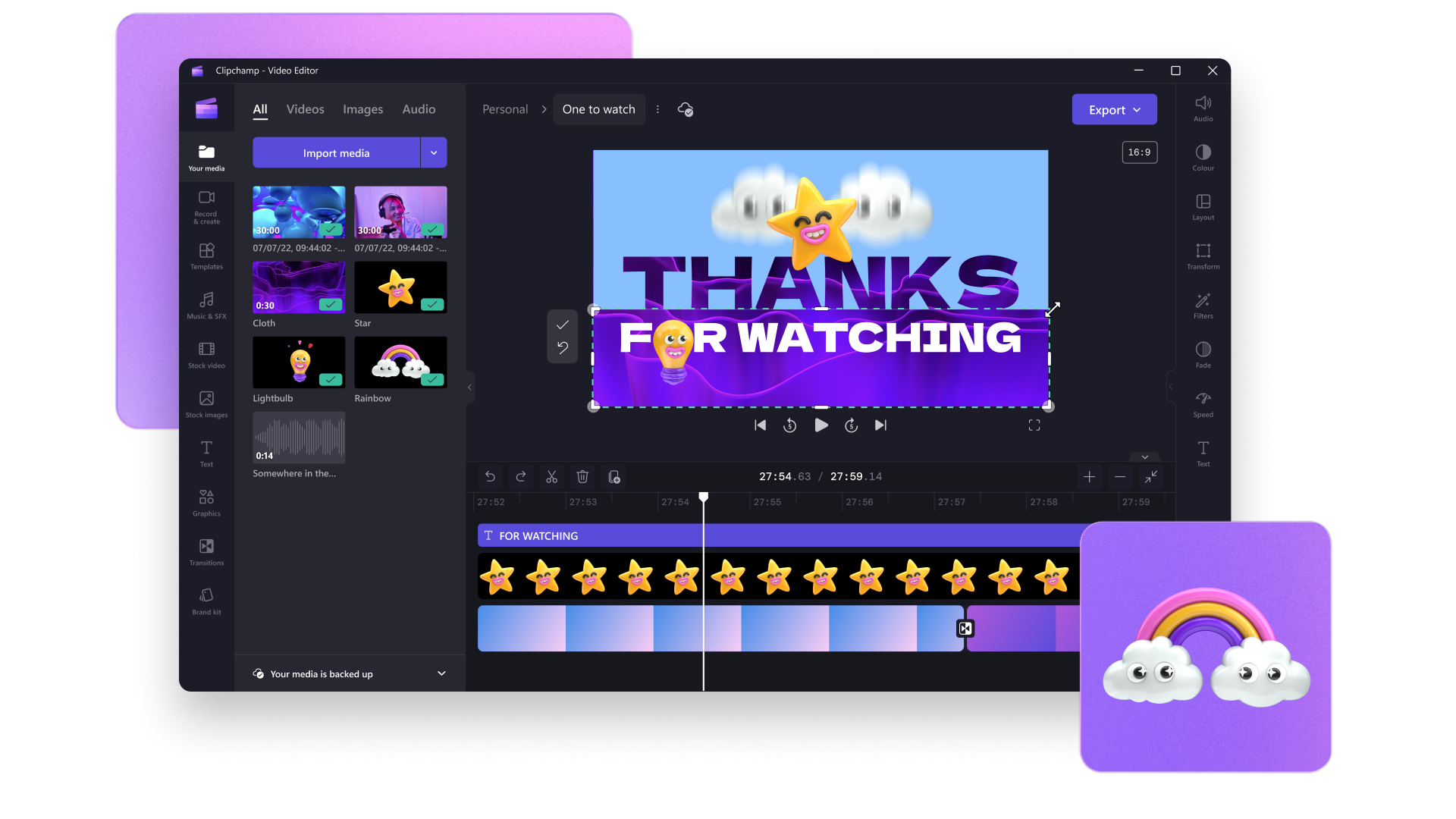 An image of Clipchamp video editor showcasing different media on the video editing timeline. There is text on the screen that reads "Thanks for Watching". There are stickers of smiling stars, a light bulb and a rainbow. 