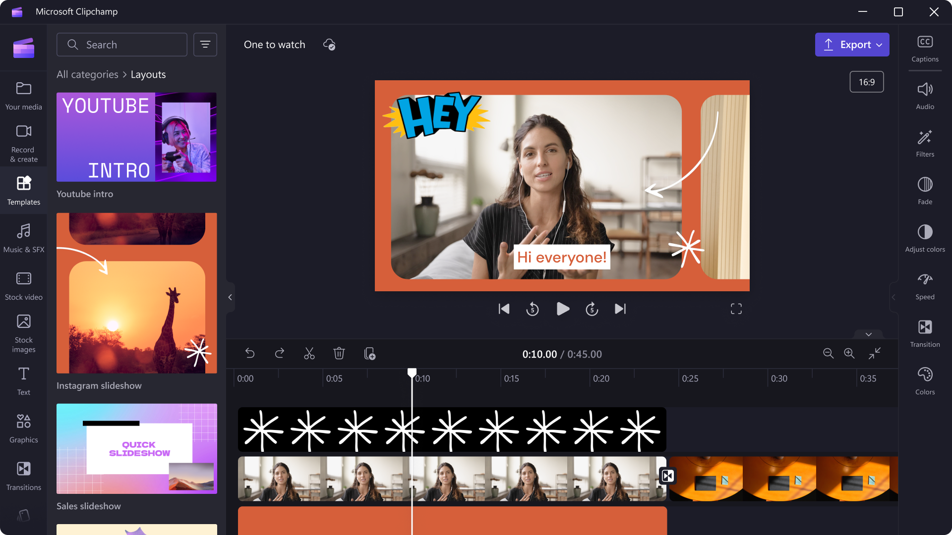 An image of a woman recording a webcam video and adding video effects, stickers and subtitles to her video in Clipchamp video editor