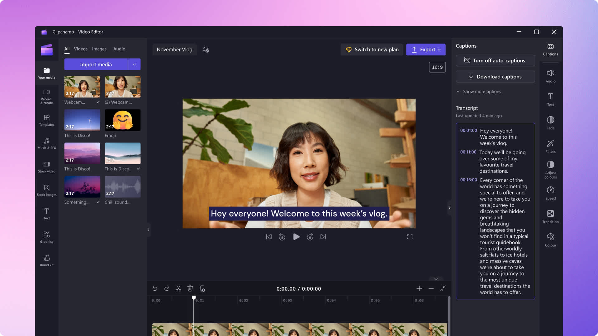 Preview of auto-captioning AI video editing tool in Clipchamp