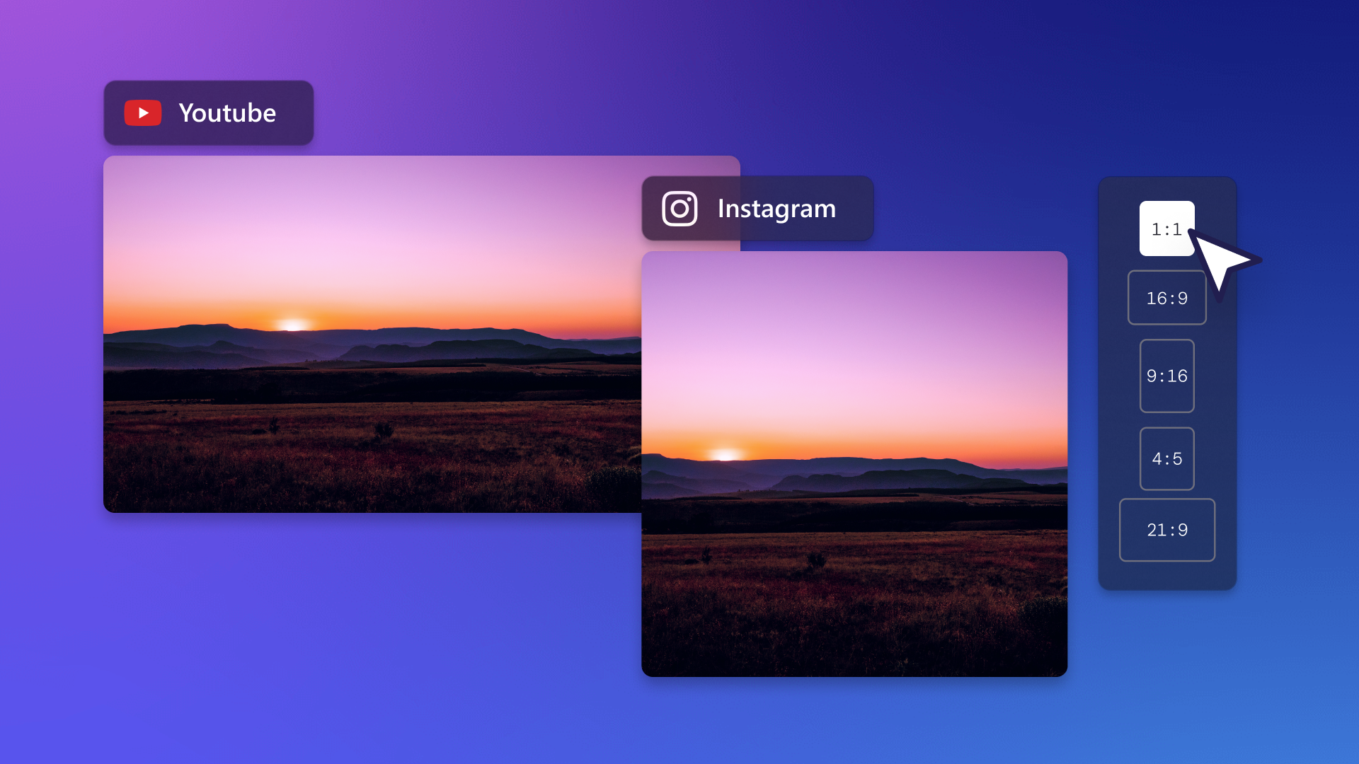 An image representing the video aspect ratio selector tool in Clipchamp that can convert a YouTube video to the right size for Instagram in a click. 