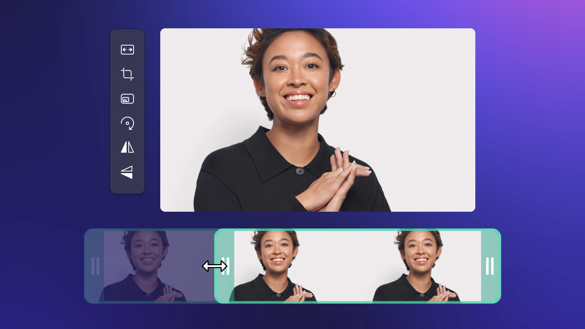 An image of trimming tool reducing the length of media in Clipchamp. The stock media shows a smiling with her hands clasped. 